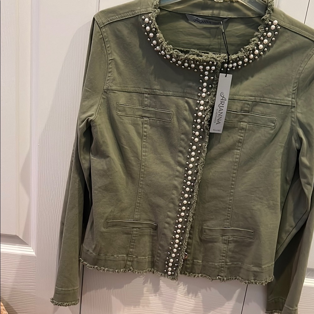 Olive Green Pearl-Embellished Jacket..studded front jacket ..size S/M